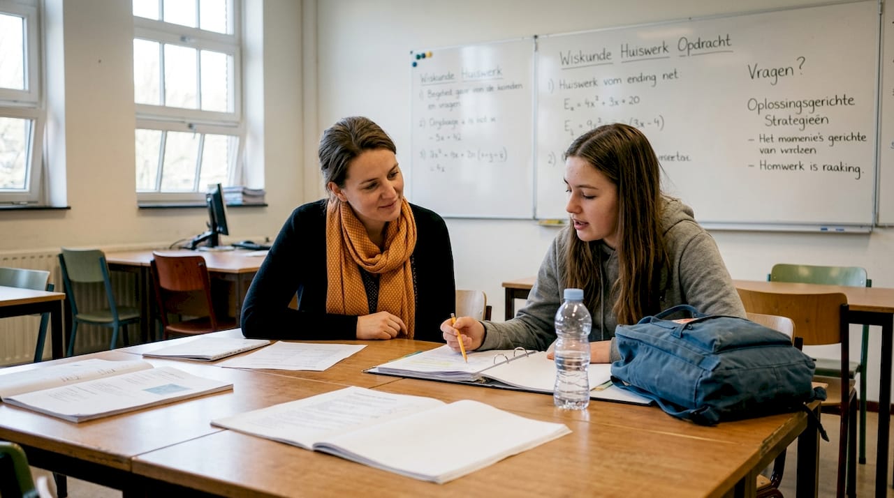 Een mentor die aandachtig luistert naar een leerling tijdens de les.