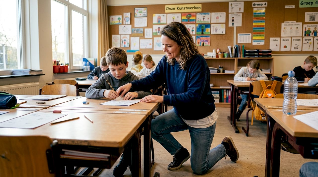 Een docent die een leerling in de klas helpt