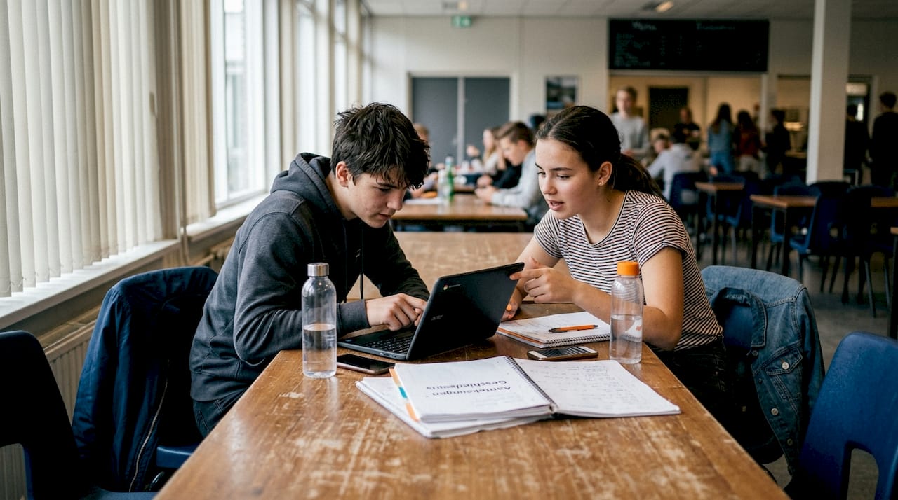Twee jongeren zitten samen aan een tafeltje op school en wisselen ideeën uit.
