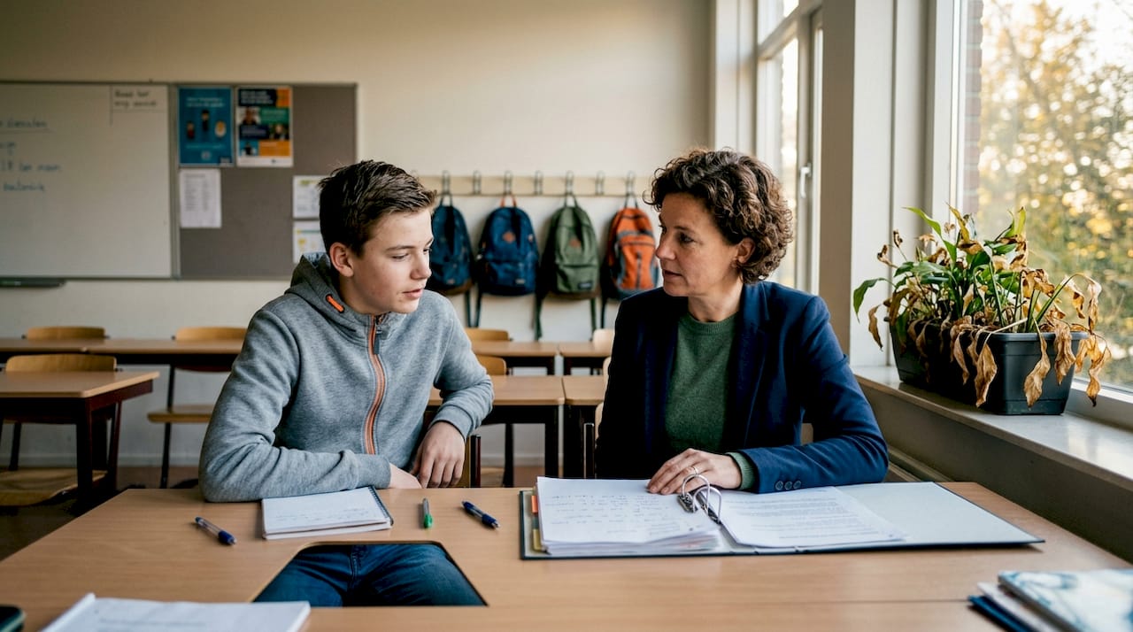 Een mentor voert een gesprek met een leerling in het klaslokaal.