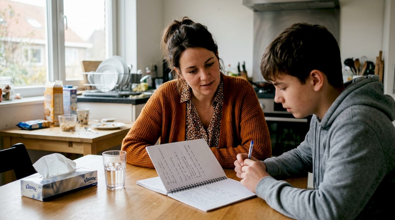 Een jongere en een hulpverlener voeren een gesprek aan de keukentafel.