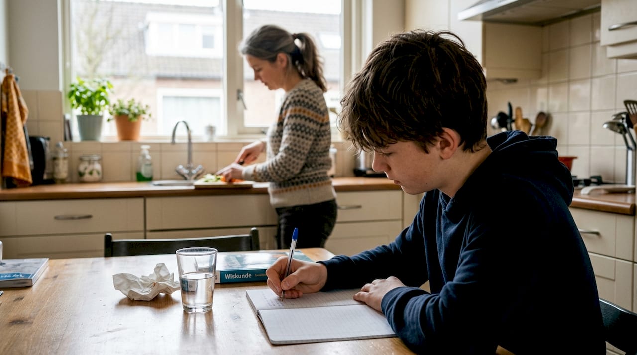 Een tiener volgt thuis onderwijs, terwijl een ouder op de achtergrond een oogje in het zeil houdt.