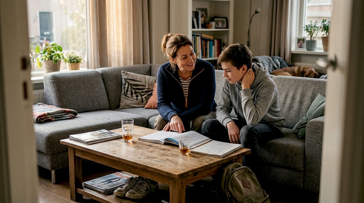 Een moeder en haar puberzoon zitten samen in de woonkamer te praten.