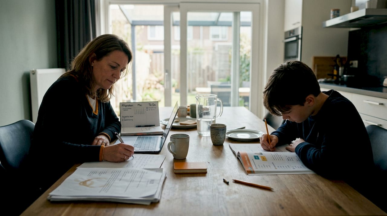 Samen met haar puber zet moeder zich in om het huiswerk tot een succes te maken.