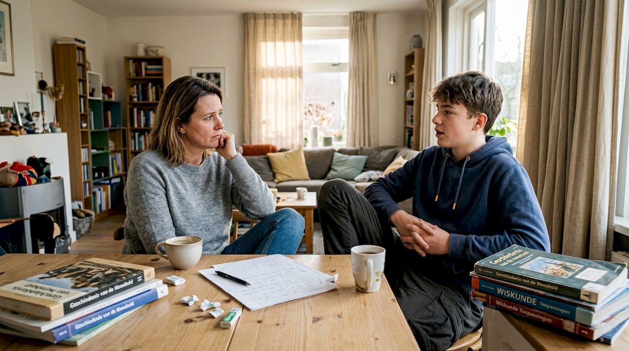 Aan de keukentafel vol tijdschriften, mokken en rondslingerende spullen zitten een moeder en haar puber diep in gesprek.