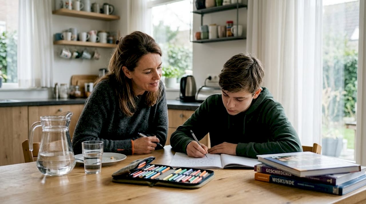 Aan de keukentafel helpt een moeder haar puber met huiswerk of een lastig gesprek.