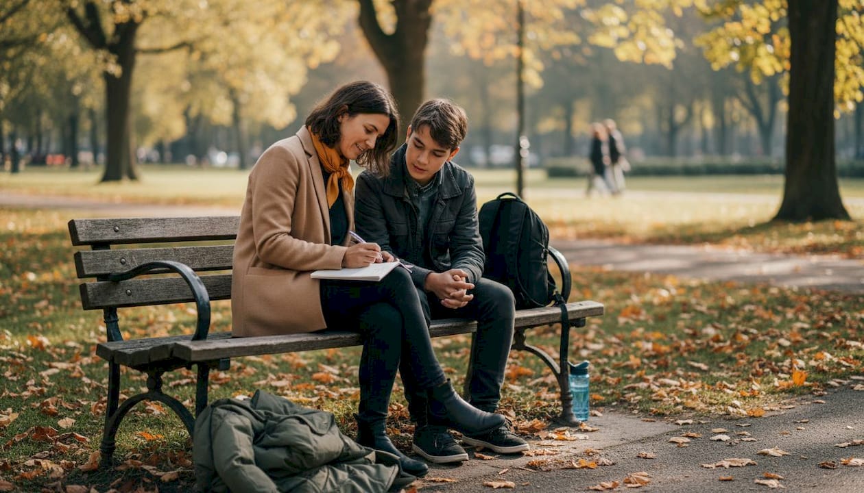 Op een bankje in het park zijn een coach en een tiener in gesprek met elkaar.