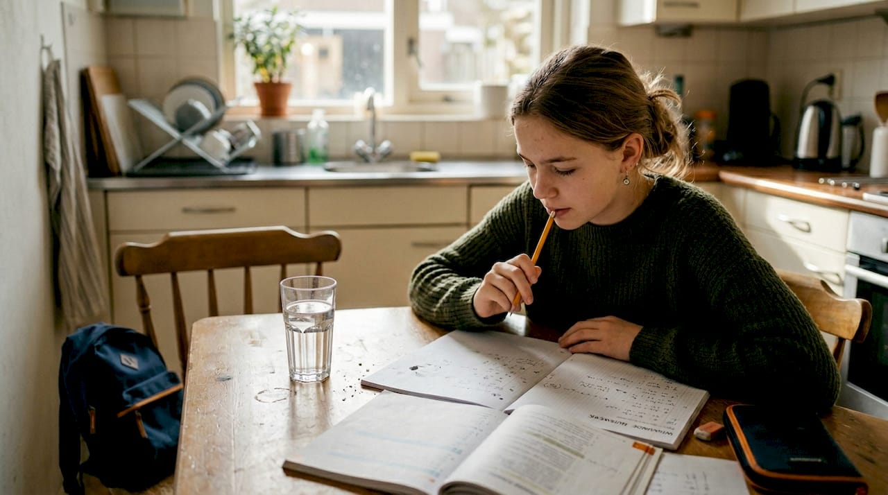 Een tienermeisje zit geconcentreerd te studeren aan de keukentafel.