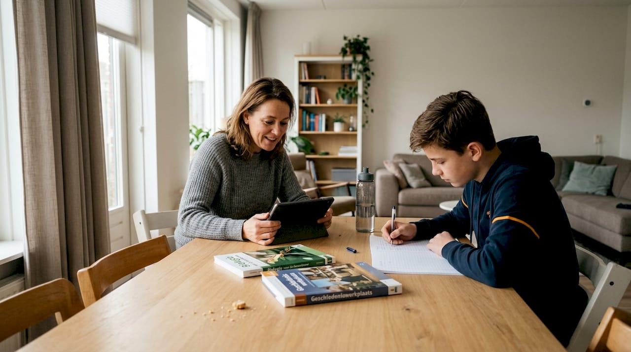 Aan de keukentafel zit een moeder haar puber te helpen met het huiswerk.