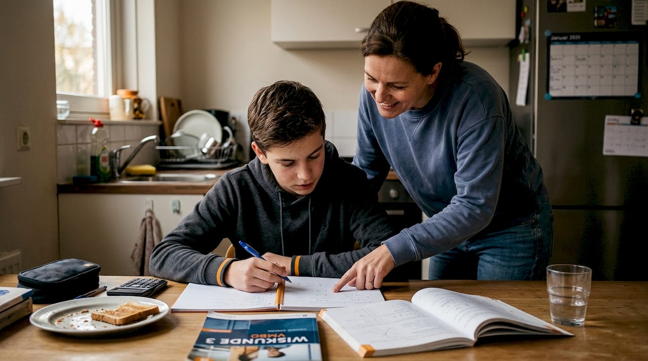 Een puber krijgt hulp met huiswerk aan de keukentafel.