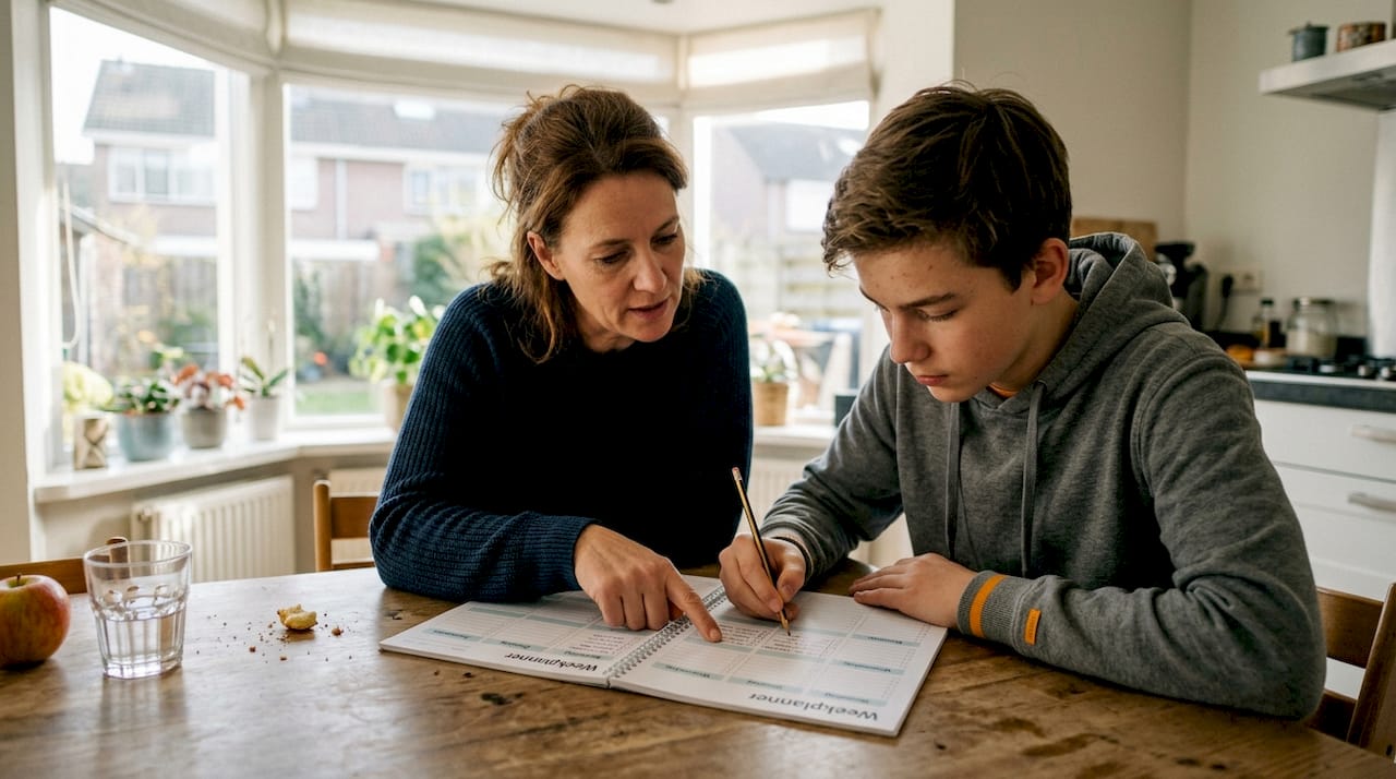 Ouder en tiener zitten samen aan de keukentafel om de week door te nemen en afspraken te maken.